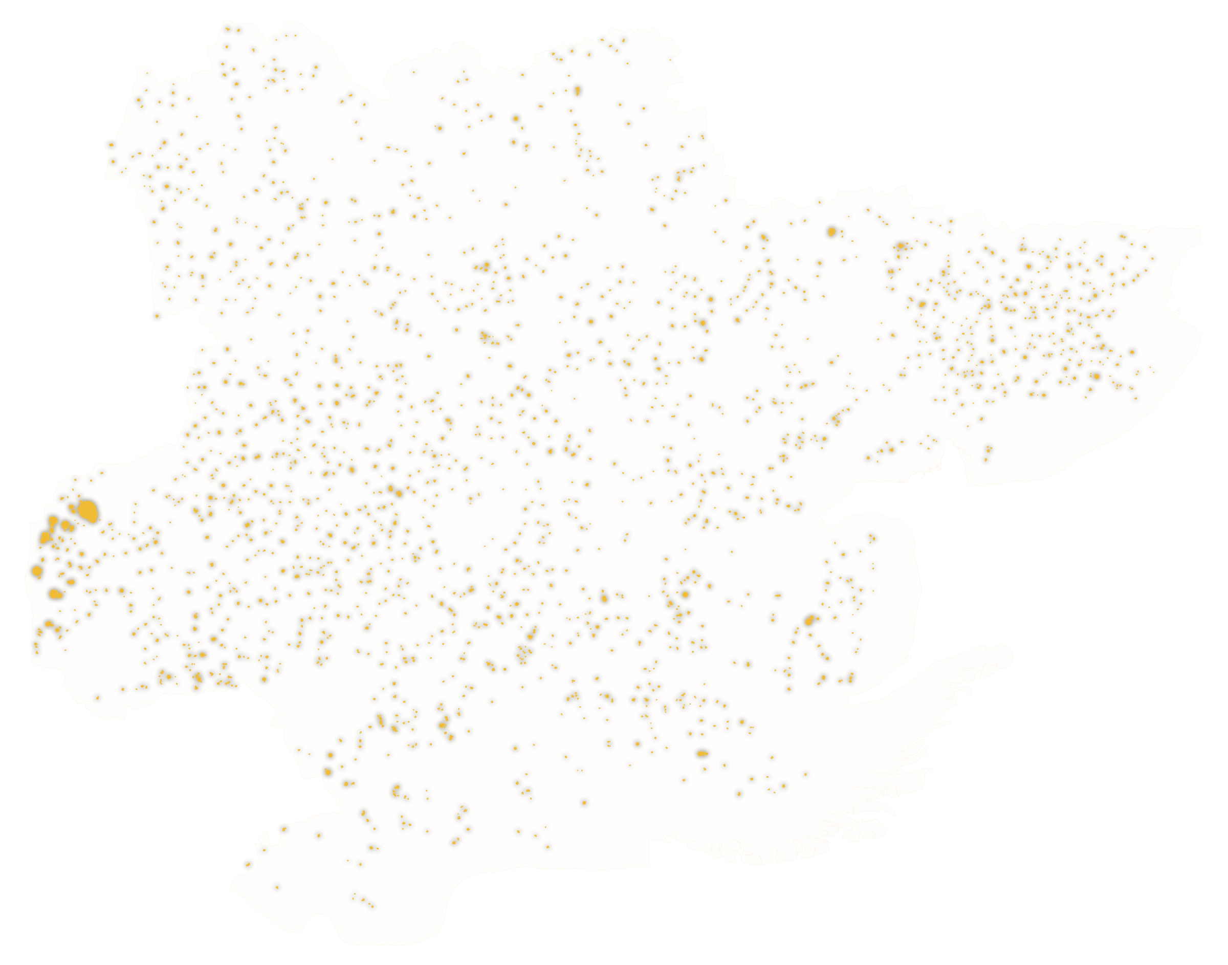 A map of Essex with 16,274 gold marks, one for every building standing in an Essex farmyard, sized by its floor area.