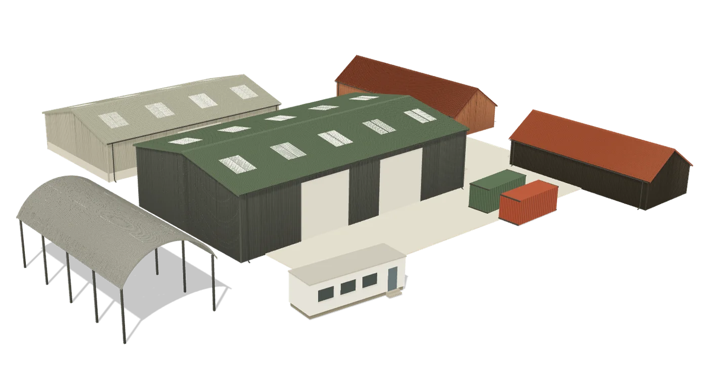 An example farmyard in 3D: a modern steel shed, an older steel shed, a Dutch barn, a traditional barn, a range of converted units, two containers and a site office, each with a label showing whether it is let and its rent.
